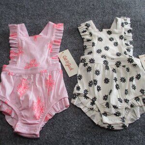 set of 2 Baby Cat & Jack Rompers 0 - 3M 1 Pink Floral, 1 White Black Flowers NWT